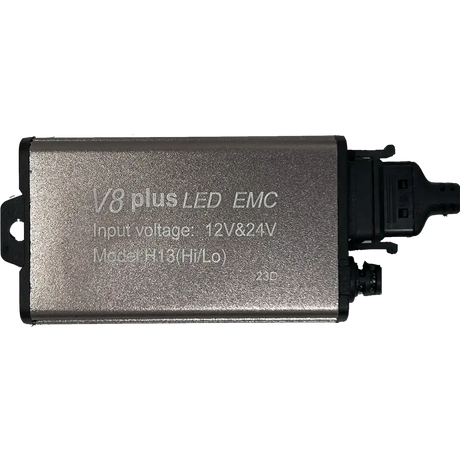 Rectangular metallic device labeled LUMI Stage 3 H4 LED Headlight Bulbs by Lumi, displaying input voltage options of 12V & 24V, Model H13 (Hi/Lo), featuring two black connectors on the right sideâ€”designed for LED headlights with advanced CSP chips and a crisp 6000K color temperature.