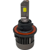 The Lumi Stage 3 H13 LED Headlight Bulbs by Lumi feature a gray metal body, a rectangular CSP chip that produces crisp 6000K white light, black heat sink fins, and an orange rubber gasket, shown against a plain white background.