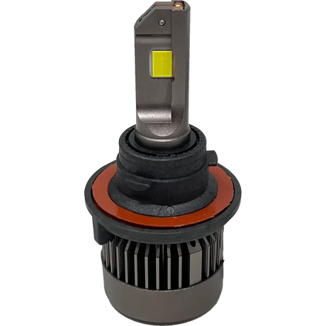 A close-up of the Lumi LUMI Stage 3 H4 LED Headlight Bulb showcasing advanced CSP chips, highlighted by a durable metal casing and heat sink fins at the base, with a prominent yellow LED chip on the top section, all set against a white background.