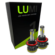 Two LUMI Stage 1 H13 LED headlight bulbs from Lumi, each rated at 40 Watts and featuring red and black heat sinks, are displayed in front of a black and green box labeled â€œLUMI LED Headlight Systems.â€ These bulbs offer a bright 6000K color temperature and include advanced LED CANBUS technology for enhanced compatibility.