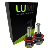Two LUMI Stage 1 H13 LED headlight bulbs from Lumi, each rated at 40 Watts and featuring red and black heat sinks, are displayed in front of a black and green box labeled â€œLUMI LED Headlight Systems.â€ These bulbs offer a bright 6000K color temperature and include advanced LED CANBUS technology for enhanced compatibility.