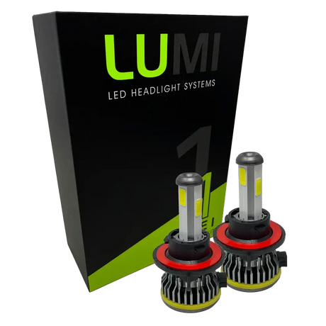 Two LUMI Stage 1 H13 LED headlight bulbs from Lumi, each rated at 40 Watts and featuring red and black heat sinks, are displayed in front of a black and green box labeled â€œLUMI LED Headlight Systems.â€ These bulbs offer a bright 6000K color temperature and include advanced LED CANBUS technology for enhanced compatibility.