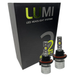 Two LUMI Stage 2 H13 LED Headlight Bulbs by Lumi, featuring advanced CSP chips, are displayed in front of a black box labeled â€œLUMI LED Headlight Systems 2 Stage II Series Kit.â€.