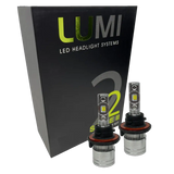 Two LUMI Stage 2 H13 LED Headlight Bulbs by Lumi, featuring advanced CSP chips, are displayed in front of a black box labeled â€œLUMI LED Headlight Systems 2 Stage II Series Kit.â€.