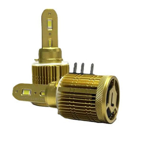 Two gold-colored LED bulbs shown upright and on their side, with cooling fins and a rear fan grille visible