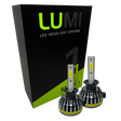 Two LUMI Stage 1 H1 LED Headlight Bulbs are displayed in front of a black and green Lumi box labeled â€œStage 1 LED Headlight Kit,â€ featuring a powerful 40-watt output and a crisp 6000K color temperature for superior visibility.