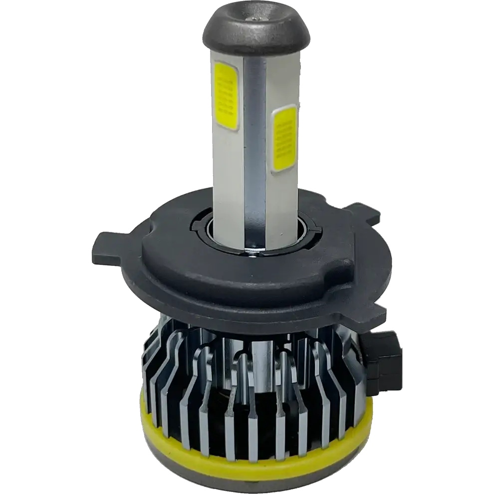 Introducing the LUMI Stage 1 H4 LED Headlight Bulbs by Lumiâ€”these bulbs showcase a sleek cylindrical design with yellow accents, a gray heat sink, and a black circular base equipped with installation tabs. Delivering 40 Watts of CANBUS-compatible power, they emit a brilliant 6000K white light for superior visibility.