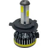 Introducing the LUMI Stage 1 H4 LED Headlight Bulbs by Lumiâ€”these bulbs showcase a sleek cylindrical design with yellow accents, a gray heat sink, and a black circular base equipped with installation tabs. Delivering 40 Watts of CANBUS-compatible power, they emit a brilliant 6000K white light for superior visibility.