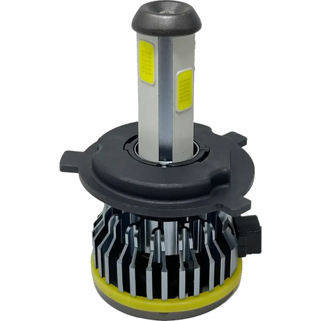 Introducing the LUMI Stage 1 H4 LED Headlight Bulbs by Lumiâ€”these bulbs showcase a sleek cylindrical design with yellow accents, a gray heat sink, and a black circular base equipped with installation tabs. Delivering 40 Watts of CANBUS-compatible power, they emit a brilliant 6000K white light for superior visibility.