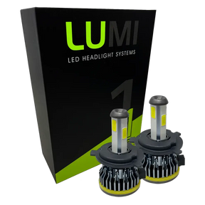 Two Lumi Stage 1 H4 LED Headlight Bulbs are displayed in front of a black and green LUMI LED Headlight Systems box on a plain white background, highlighting their 40-watt power, 6000K color temperature, and advanced LED CANBUS compatibility.