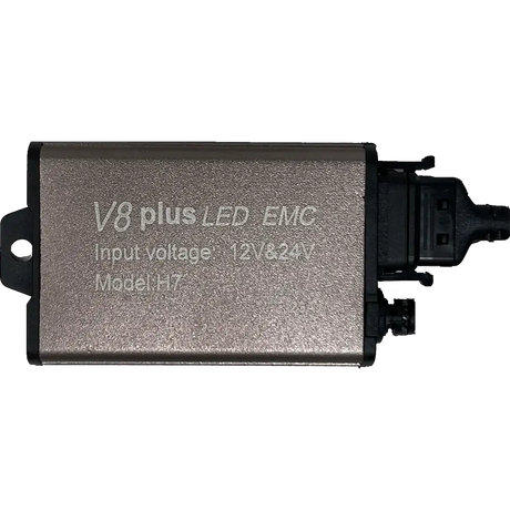 LUMI Stage 3 H7 LED Headlight Bulbs by Lumi feature a rectangular metal design labeled V8 plus LED EMC, support input voltages of 12V and 24V, and are equipped with advanced CSP chips for powerful 6000K illumination. The unit includes a black connector on the right side and a mounting tab on the left, making it ideal for use in LED headlights.