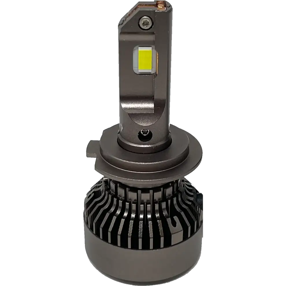 A single LUMI Stage 3 H7 LED headlight bulb by Lumi, equipped with a metallic base and a yellow CSP chip, is shown against a white background. This bulb features a finned heat sink for effective cooling and delivers bright 6000K illumination along with efficient thermal management for enhanced visibility.