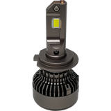 A single LUMI Stage 3 H7 LED headlight bulb by Lumi, equipped with a metallic base and a yellow CSP chip, is shown against a white background. This bulb features a finned heat sink for effective cooling and delivers bright 6000K illumination along with efficient thermal management for enhanced visibility.