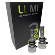 Two LUMI Stage 2 H7 LED Headlight Bulbs from Lumi, featuring advanced CSP chips, are displayed in front of a black box labeled â€œLUMI LED Headlight Systems S2 Stage II Headlight Kitâ€ on a white background, providing bright 6000K illumination for superior visibility.