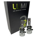 Two LUMI Stage 2 H7 LED Headlight Bulbs from Lumi, featuring advanced CSP chips, are displayed in front of a black box labeled â€œLUMI LED Headlight Systems S2 Stage II Headlight Kitâ€ on a white background, providing bright 6000K illumination for superior visibility.