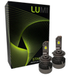 Two Lumi Stage 3 H7 LED headlight bulbs, equipped with advanced CSP chips and offering a bright 6000K color temperature, are displayed in front of a black box accented with green lines and the LUMI logo. The packaging also features the text â€œSTACKâ€ and â€œPremium LED Headlights.â€.
