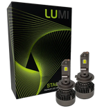 Two Lumi Stage 3 H7 LED headlight bulbs, equipped with advanced CSP chips and offering a bright 6000K color temperature, are displayed in front of a black box accented with green lines and the LUMI logo. The packaging also features the text â€œSTACKâ€ and â€œPremium LED Headlights.â€.
