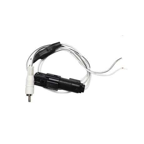 Pair of audio adapter leads with white RCA plugs and black inline connectors