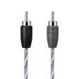 Close-up of a braided audio cable showing two RCA-style connectors on a white background. One connector has a black sleeve with a zigzag cutout, and the other has a gray sleeve with the embossed brand name 'F&G'.