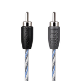 Close-up of a braided audio cable showing two RCA-style connectors on a white background. One connector has a black sleeve with a zigzag cutout, and the other has a gray sleeve with the embossed brand name 'F&G'.