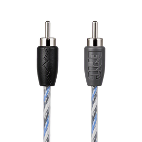 Close-up of a braided audio cable showing two RCA-style connectors on a white background. One connector has a black sleeve with a zigzag cutout, and the other has a gray sleeve with the embossed brand name 'F&G'.