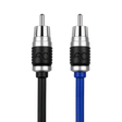 Two RCA-style audio/video cable connectors shown against a white background, one with a black cable and one with a blue cable. Each connector has a silver metal tip, a black ribbed middle section, and a silver band near the base.