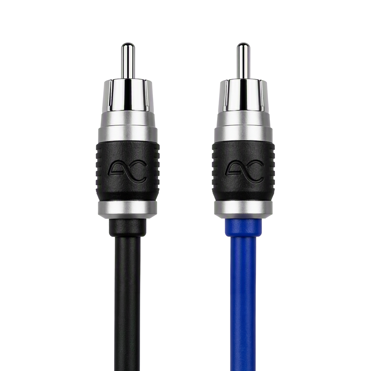 Two RCA-style audio/video cable connectors shown against a white background, one with a black cable and one with a blue cable. Each connector has a silver metal tip, a black ribbed middle section, and a silver band near the base.