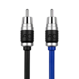 Two RCA-style audio/video cable connectors shown against a white background, one with a black cable and one with a blue cable. Each connector has a silver metal tip, a black ribbed middle section, and a silver band near the base.