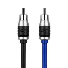 Two RCA-style audio/video cable connectors shown against a white background, one with a black cable and one with a blue cable. Each connector has a silver metal tip, a black ribbed middle section, and a silver band near the base.