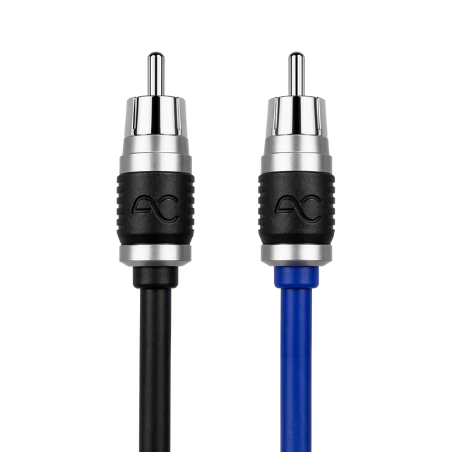 Two RCA-style audio/video cable connectors shown against a white background, one with a black cable and one with a blue cable. Each connector has a silver metal tip, a black ribbed middle section, and a silver band near the base.