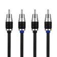 Four RCA audio/video cable connectors with black and silver housings, blue ring accents, and black cables on a white background.
