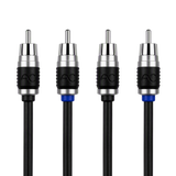 Four RCA audio/video cable connectors with black and silver housings, blue ring accents, and black cables on a white background.