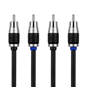Four RCA audio/video cable connectors with black and silver housings, blue ring accents, and black cables on a white background.
