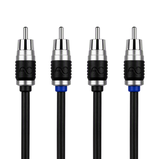 Four RCA audio/video cable connectors with black and silver housings, blue ring accents, and black cables on a white background.