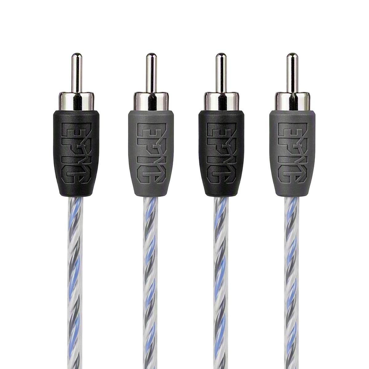 Four RCA audio cables with black and gray protective sleeves and silver-plated connectors, shown against a plain white background.