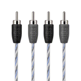 Four RCA audio cables with black and gray protective sleeves and silver-plated connectors, shown against a plain white background.