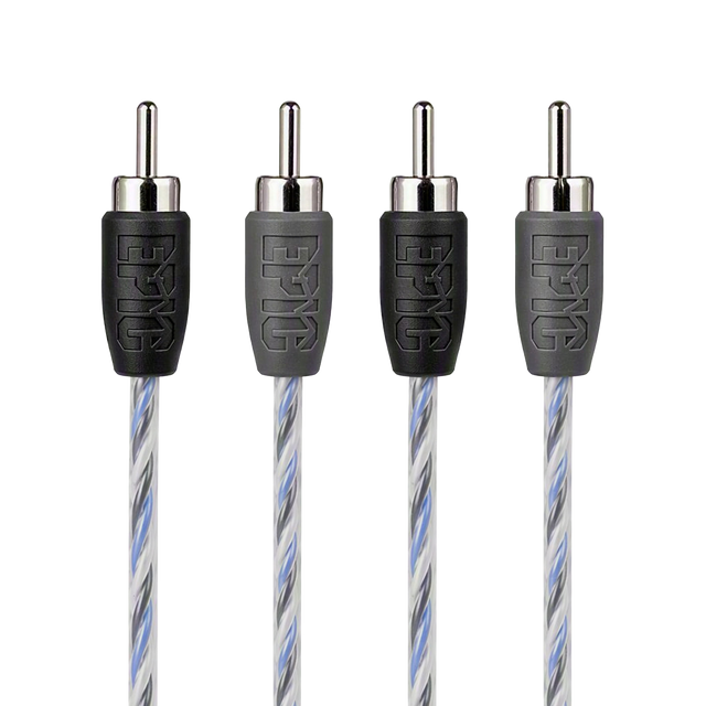 Four RCA audio cables with black and gray protective sleeves and silver-plated connectors, shown against a plain white background.