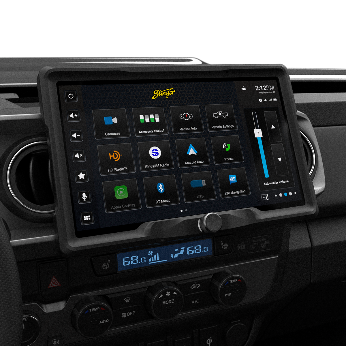 Angled view of a Stinger touchscreen installed between round dashboard vents, showing the main app menu