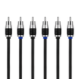 Six black audio RCA connectors aligned in a row on a white background, each with a black cable and silver metal tip. Two connectors have a small blue ring accent and the center two show the embossed brand logo 'AO'.