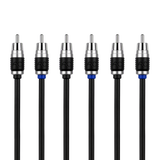Six black audio RCA connectors aligned in a row on a white background, each with a black cable and silver metal tip. Two connectors have a small blue ring accent and the center two show the embossed brand logo 'AO'.