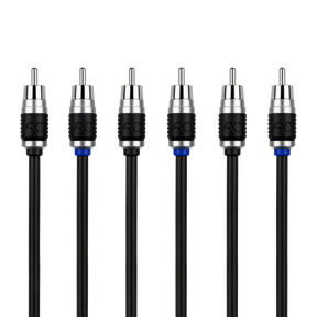 Six black audio RCA connectors aligned in a row on a white background, each with a black cable and silver metal tip. Two connectors have a small blue ring accent and the center two show the embossed brand logo 'AO'.