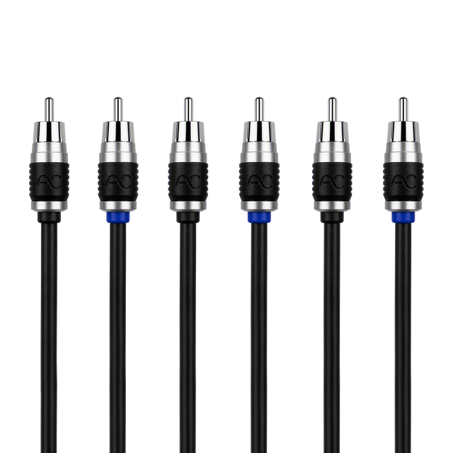 Six black audio RCA connectors aligned in a row on a white background, each with a black cable and silver metal tip. Two connectors have a small blue ring accent and the center two show the embossed brand logo 'AO'.