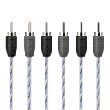 Six audio RCA cables with silver and blue twisted shielding, featuring black and gray protective tips embossed with the brand name 'EPK'.