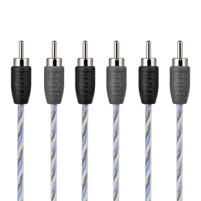 Six audio RCA cables with silver and blue twisted shielding, featuring black and gray protective tips embossed with the brand name 'EPK'.