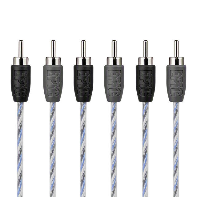Six audio RCA cables with silver and blue twisted shielding, featuring black and gray protective tips embossed with the brand name 'EPK'.