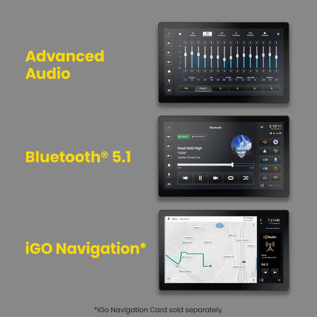 Stinger HORIZON12 graphic showing equalizer controls, Bluetooth music playback and optional iGO navigation