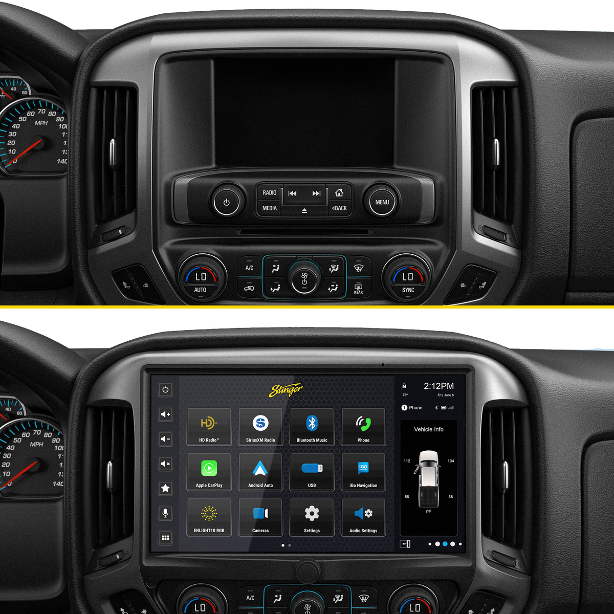 Before-and-after dashboard comparison showing the factory radio replaced by a large Stinger HORIZON12 display