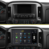 Before-and-after dashboard comparison showing the factory radio replaced by a large Stinger HORIZON12 display