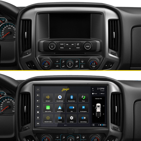 Before-and-after dashboard comparison showing the factory radio replaced by a large Stinger HORIZON12 display