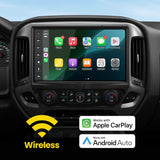 Installed Stinger display showing Apple CarPlay apps, with wireless Apple CarPlay and Android Auto logos